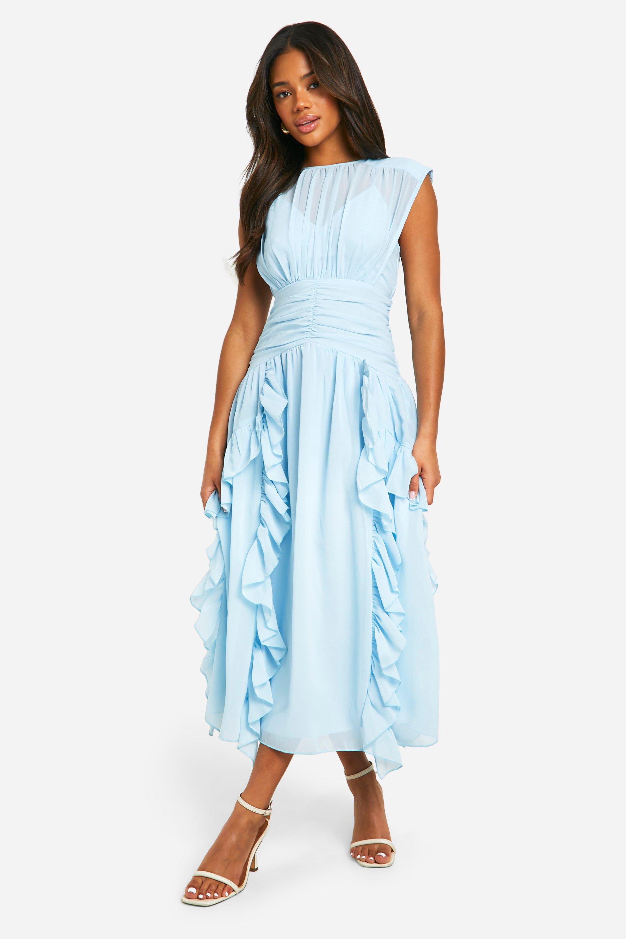 Chiffon Ruched Ruffle Midaxi Dress boohoo